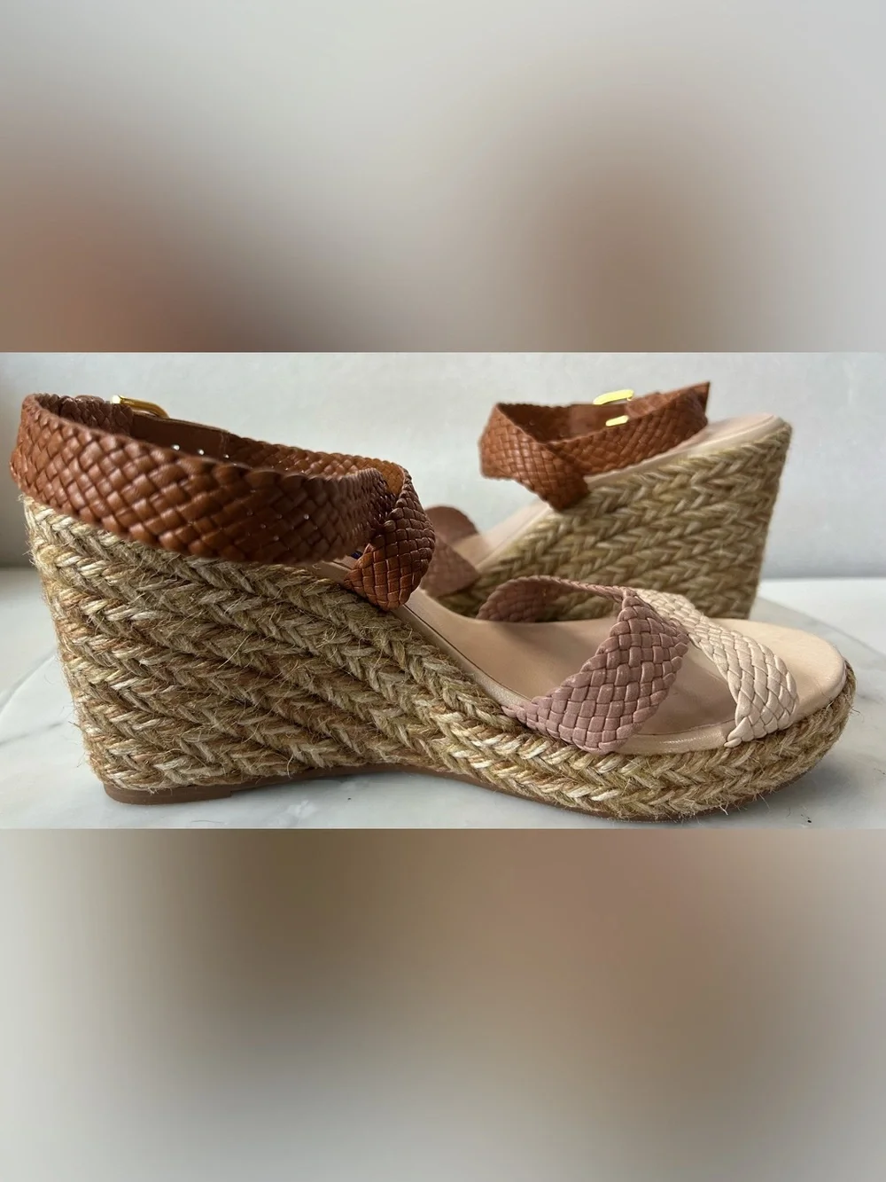 NWOT STUART WEITZMAN Elsie Color-Block Braided Leather Wedge Espadrille Sandals